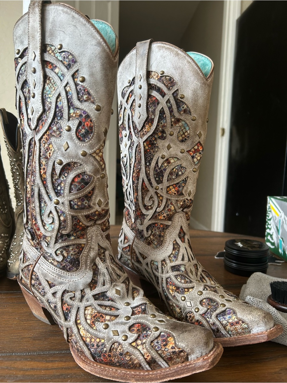 Corral C3409 Taupe Leather Glitter Inlay Studded Western Cowgirl Boots Size 9.5